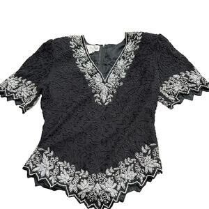 Vintage Black Beaded and Pearl Party Blouse by Laurence Kazar  / M